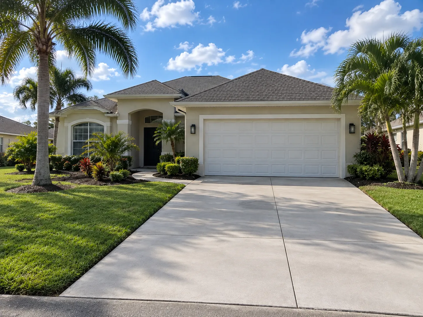 A white two-car garage door, closed and working, on a single-story Florida home with palm trees