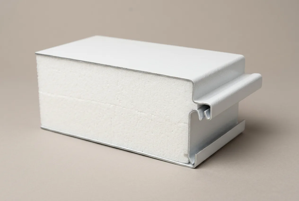 Cross-section of an insulated garage door panel showing the foam core between two steel skins